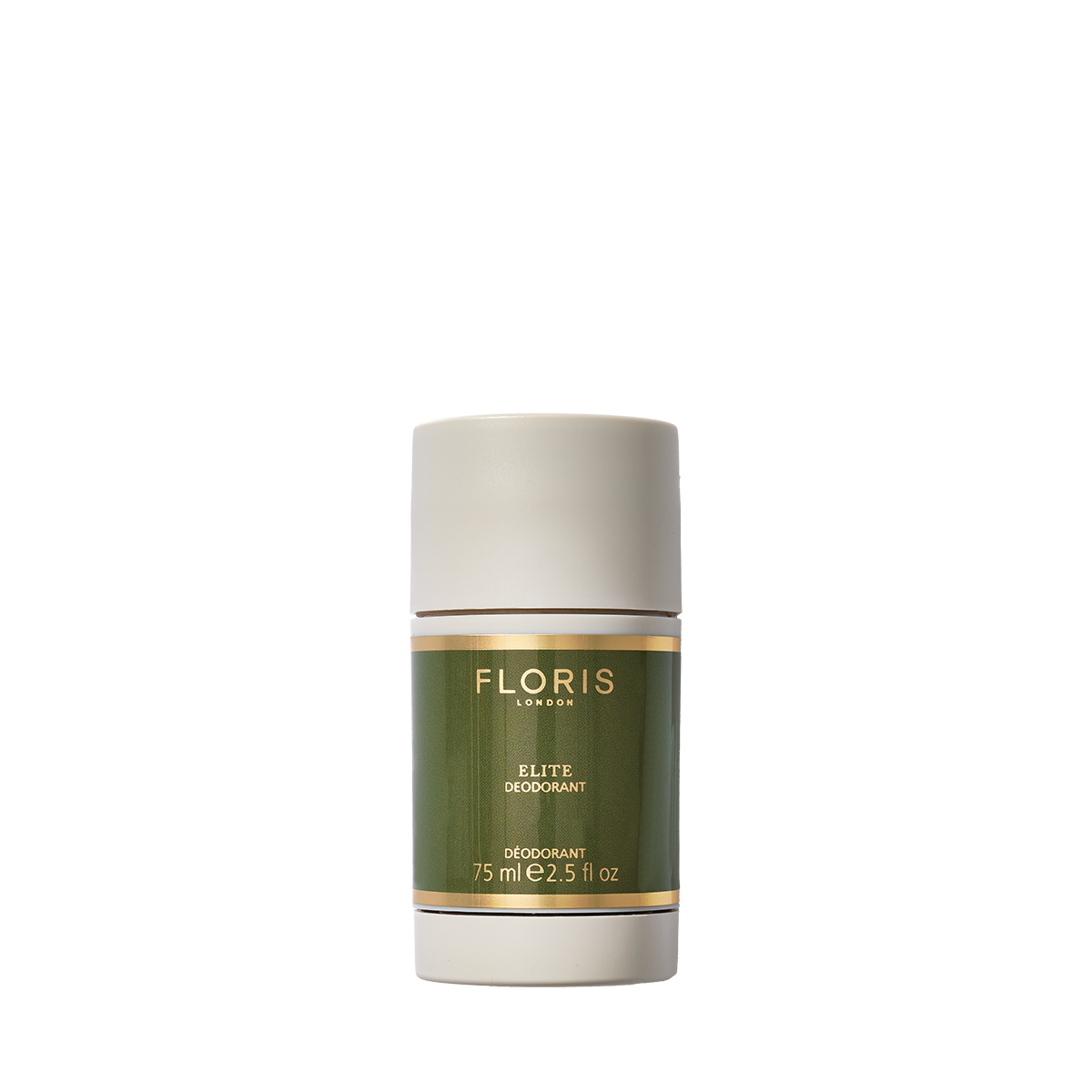 A Floris London Elite Deodorant Stick, 75ml, for sensitive skin with a green and gold label, is shown on a white background.