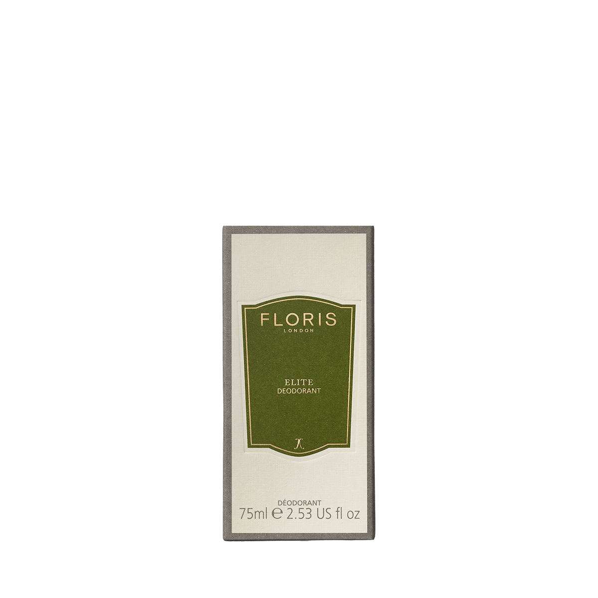 A 75ml Floris London Elite Deodorant Stick, alcohol-free and ideal for sensitive skin, featuring a green and cream label.
