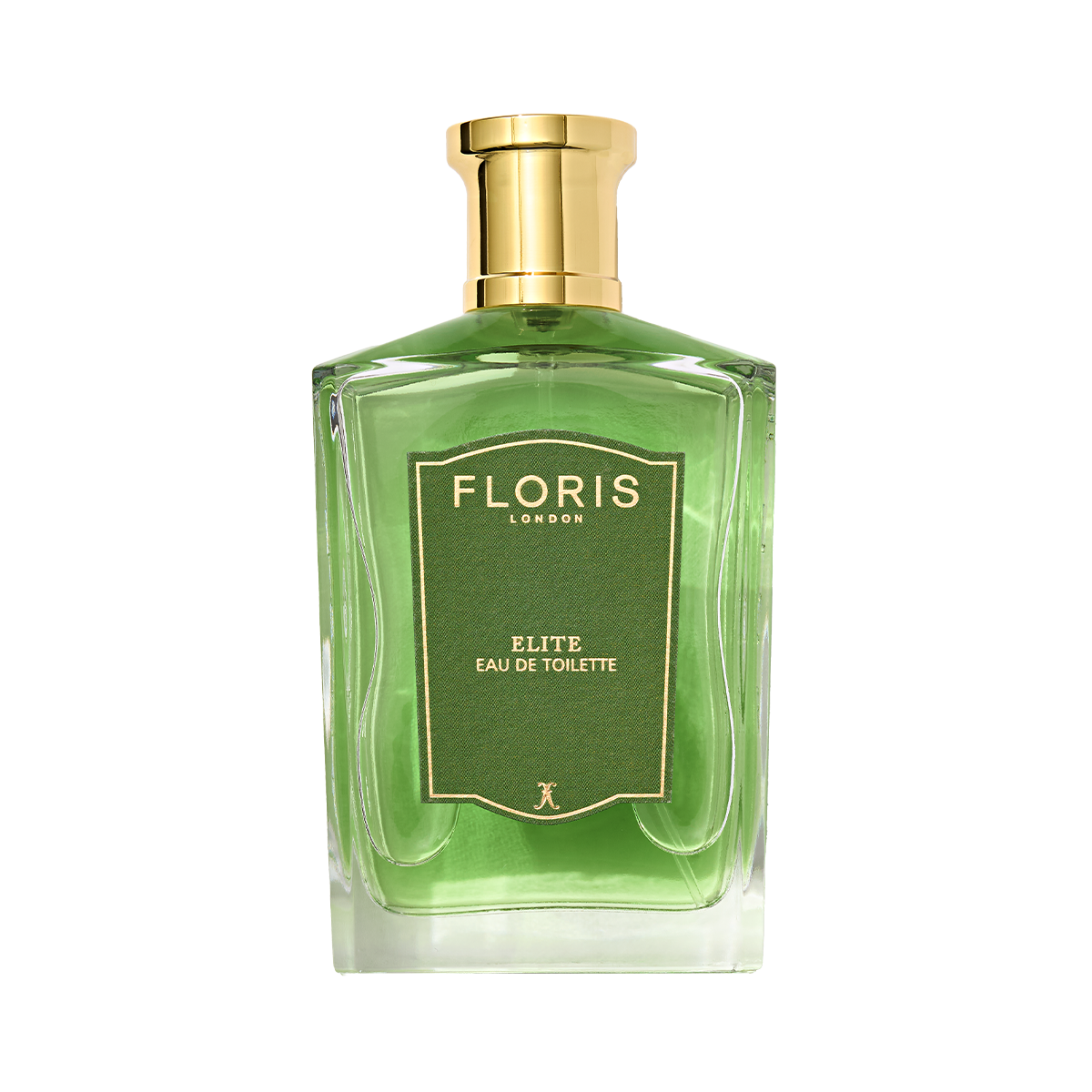 A green bottle of Floris London Elite - Eau de Toilette with a gold cap, featuring woody and citrus notes, shown on a white background.