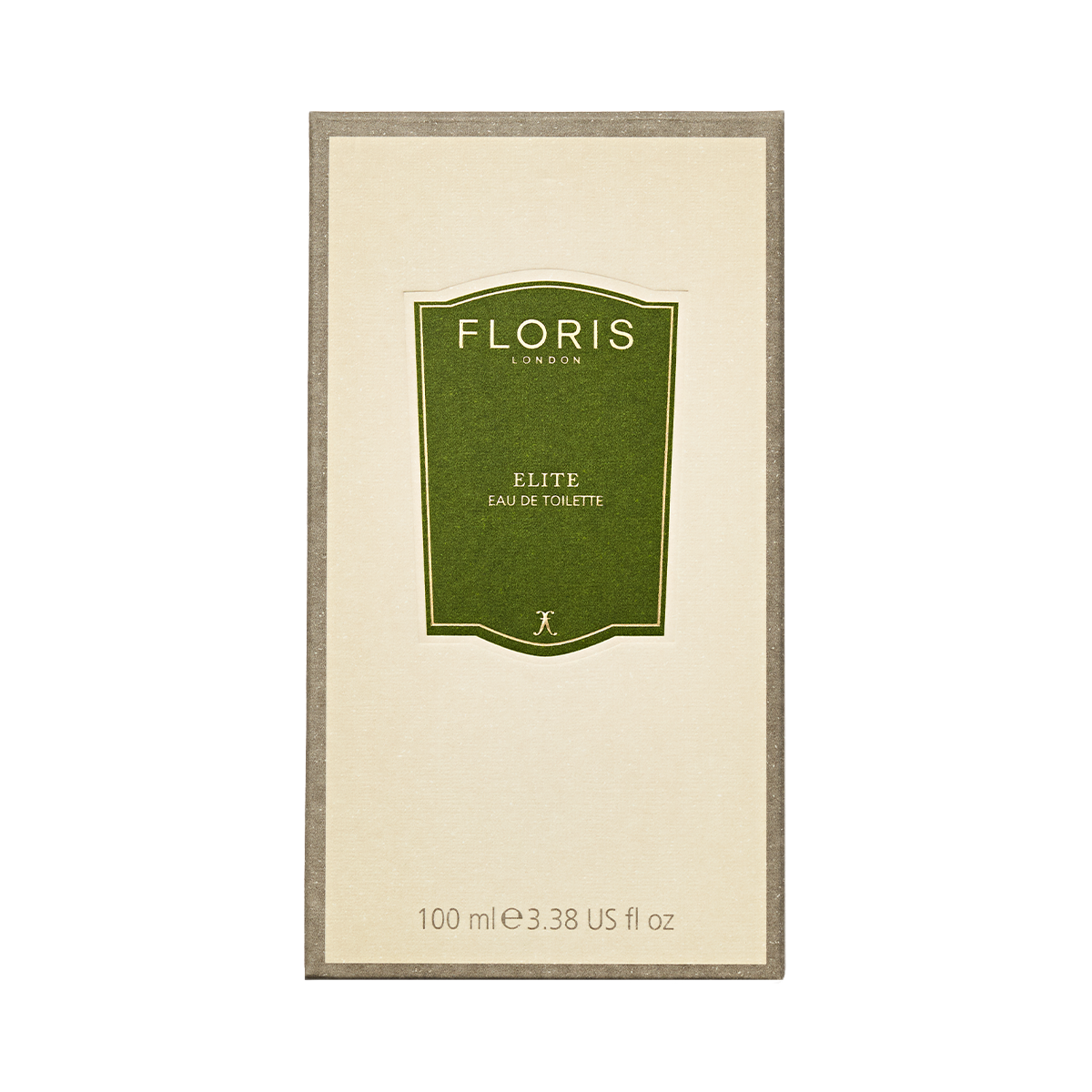 A 100ml bottle of Floris London Elite - Eau de Toilette, a woody fragrance with citrus notes and a green label, set on a beige background.