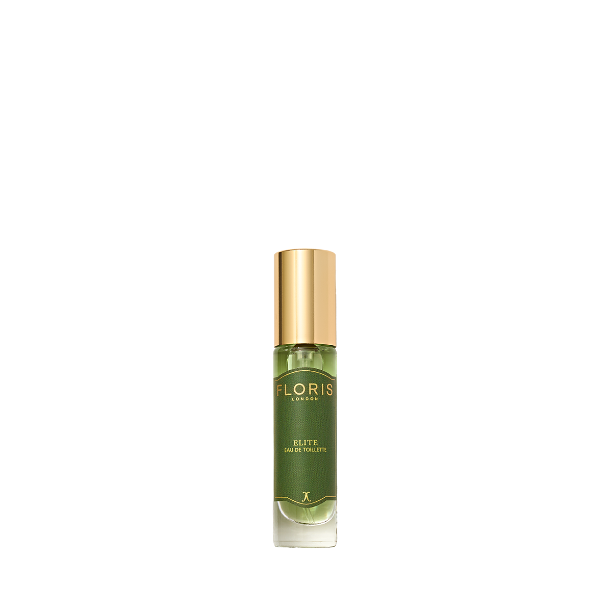 A green Floris London Elite - Eau de Toilette bottle with a gold cap is centered on white, reflecting its woody patchouli and vetiver scent.