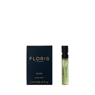 Floris London Elite - Eau de Toilette 2ml sample comes in a dark blue box, offering a timeless woody scent with subtle citrus notes.