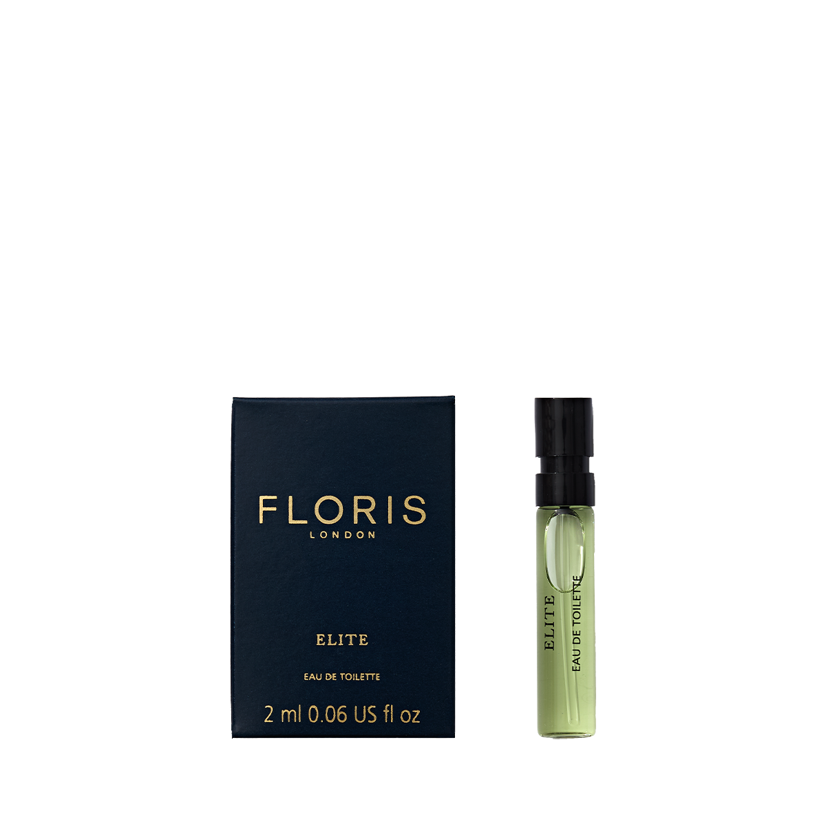 A 2ml sample vial of Floris London Elite - Eau de Toilette stands next to its navy box, highlighting the timeless scent from this classic British brand.