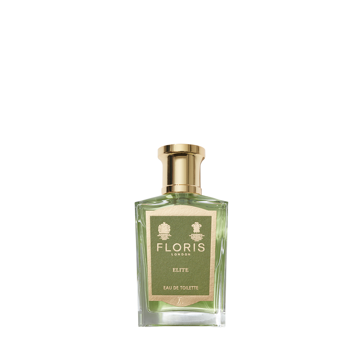 A bottle of Floris London Elite - Eau de Toilette offers woody notes in a refined, timeless scent, featuring a gold cap and label.