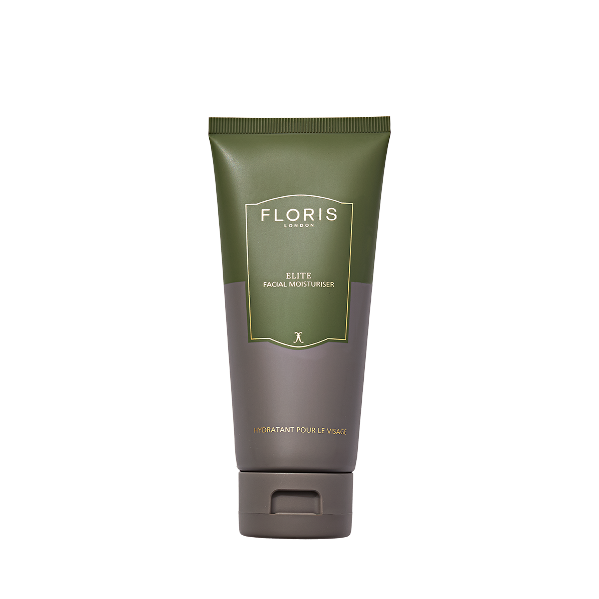 A green tube of Floris London Elite Facial Moisturiser stands upright on a white background, offering hydration and antioxidant protection.