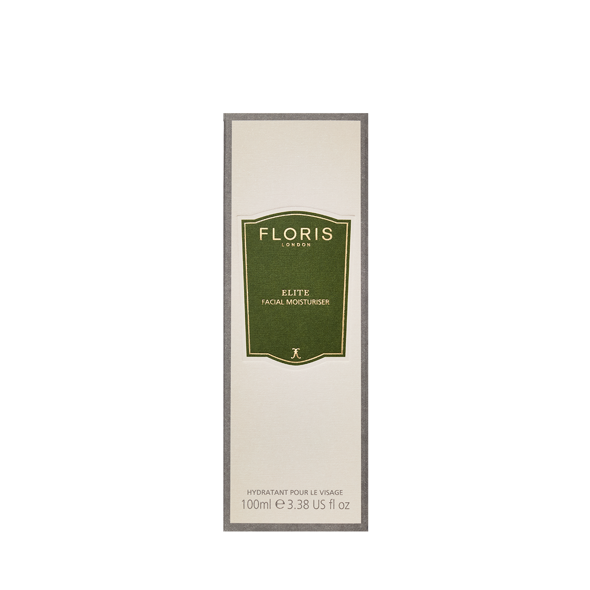 Floris London Elite Facial Moisturiser, 100ml, hydrates skin and provides antioxidant protection, comes in a box with green and gold label.