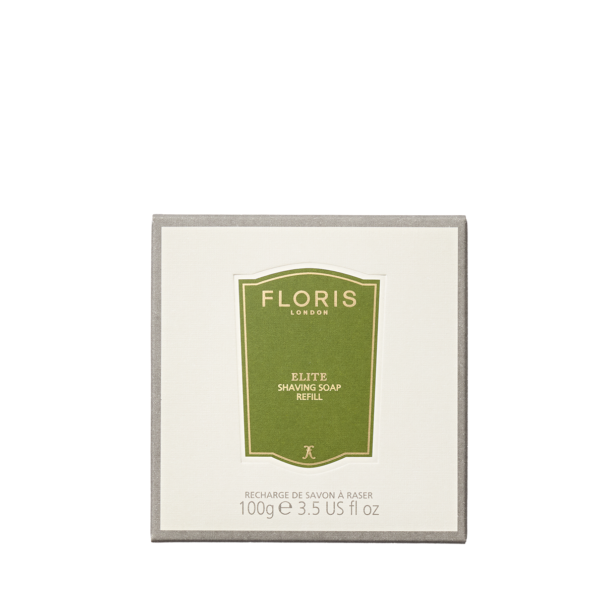 Floris London Elite Shaving Soap Refill, 100g (3.5oz), presented in a square cream and gray box.