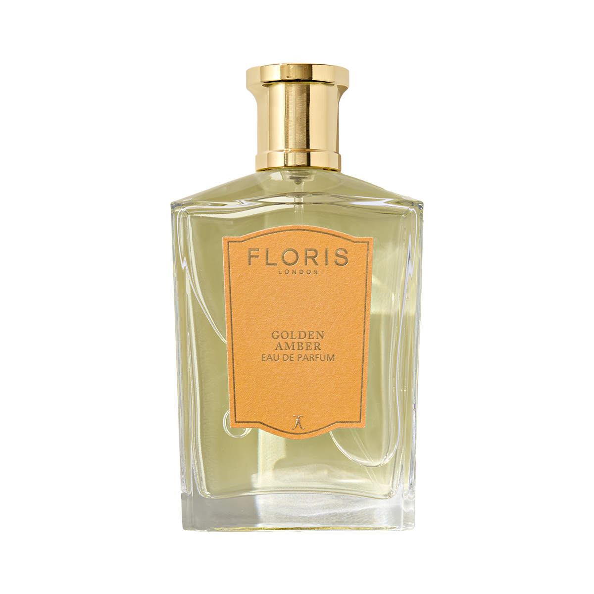 A vegan perfume in a glass bottle with a gold cap and amber label: Floris London Golden Amber - Eau de Parfum.