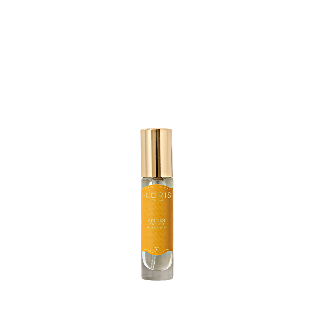 A small glass Eau de Parfum bottle from Floris London with a gold cap and yellow label, "Golden Amber," featuring notes of golden amber.