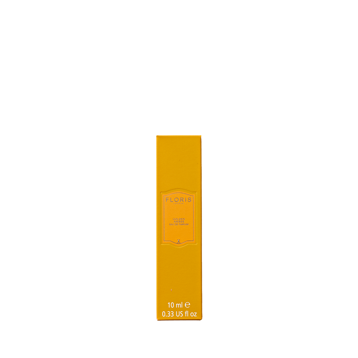 A yellow box of Floris London Golden Amber Eau de Parfum, 10ml, stands upright on white—a perfect vegan perfume for any occasion.