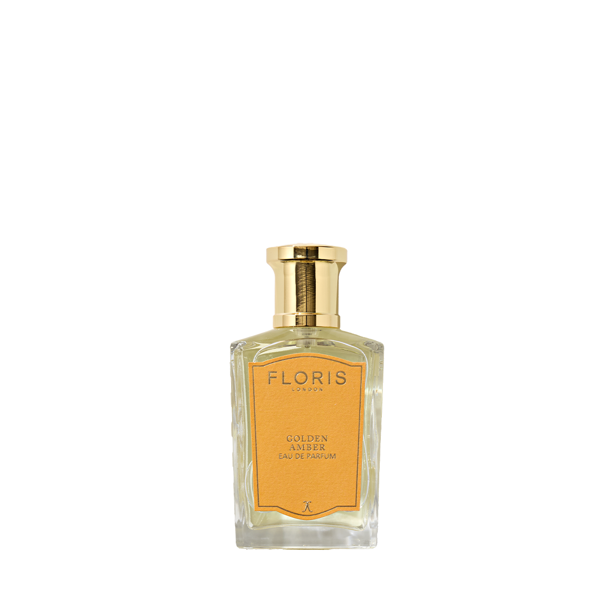 Floris London Golden Amber - Eau de Parfum: a vegan perfume with a gold cap and yellow label.