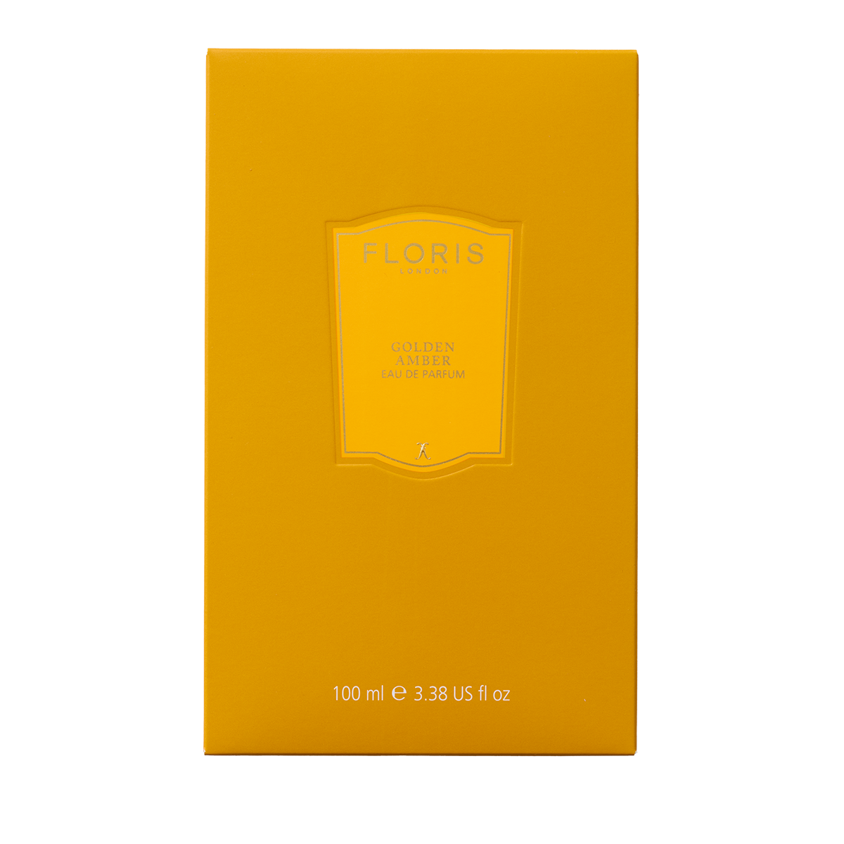 Floris London Golden Amber - Eau de Parfum, 100 ml: a luxurious vegan scent in an elegant yellow box with embossed label and text.