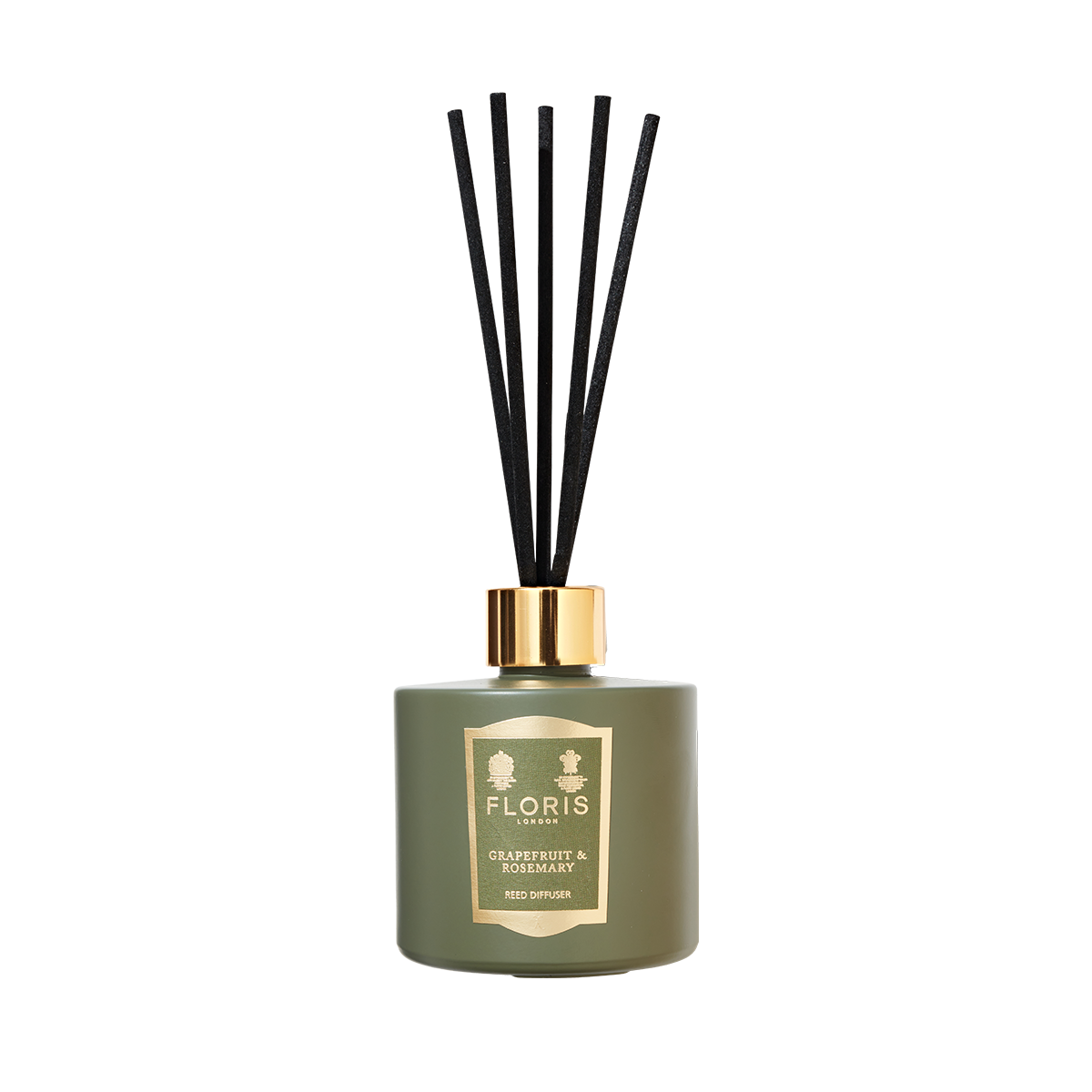 Floris London Grapefruit & Rosemary Reed Diffuser 200ml with black sticks and gold label, blending grapefruit, rosemary, sandalwood, and musk notes.