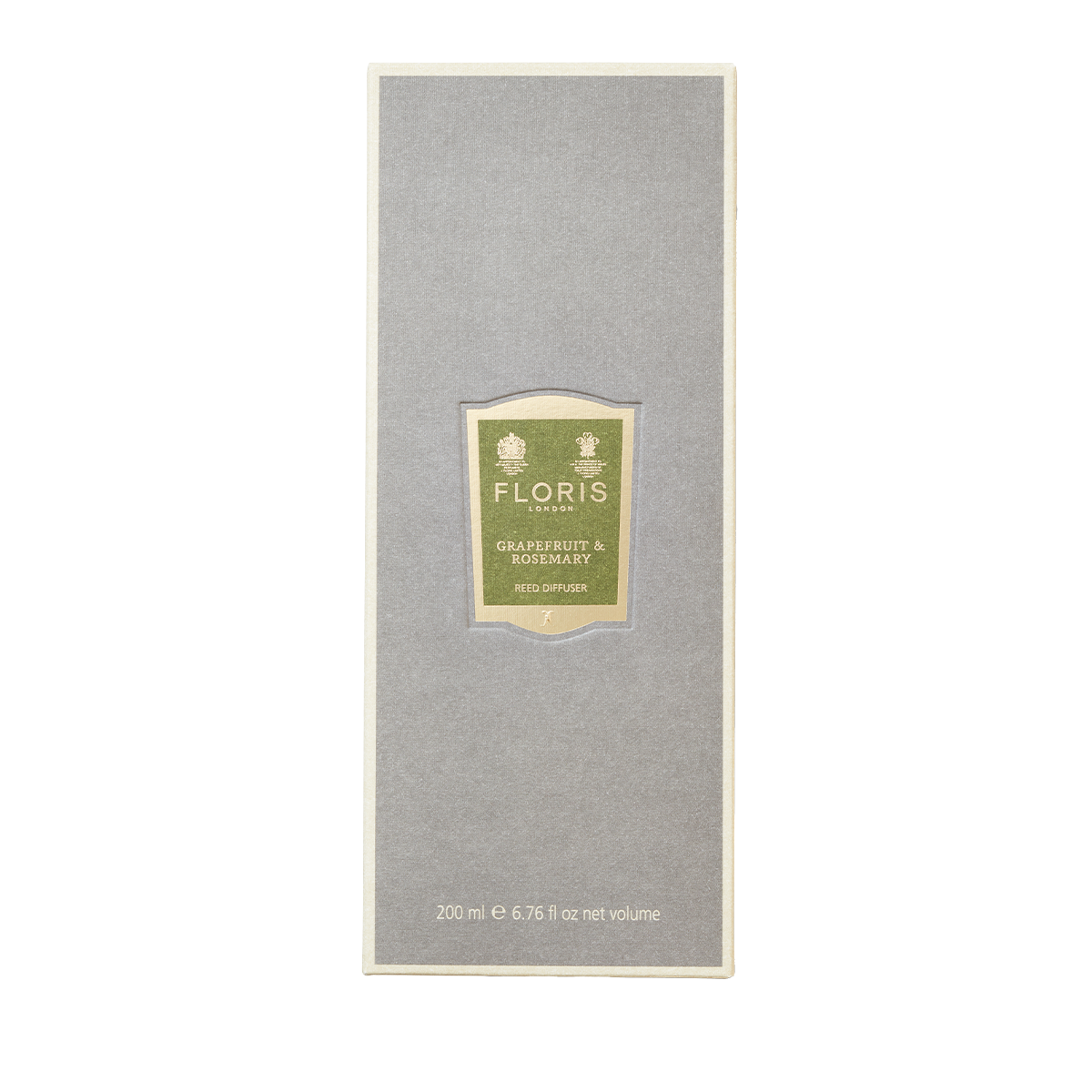 Rectangular gray Floris London box with a front label for Grapefruit & Rosemary - Reed Diffuser 200ml.