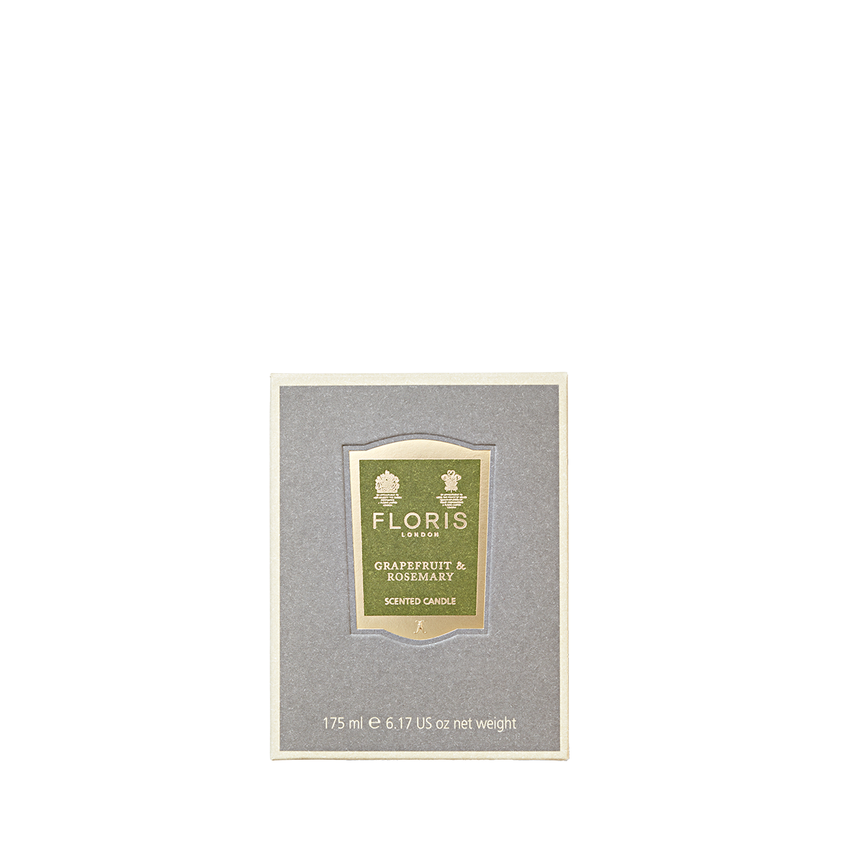 A grey box labeled "Floris London Grapefruit & Rosemary - Scented Candle 175g"—hand poured with pure fragrance oils for an exquisite aroma.