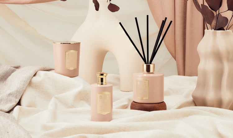Sandalwood and Patchouli Collection showing Reed Diffuser, Room Fragrance and Candle