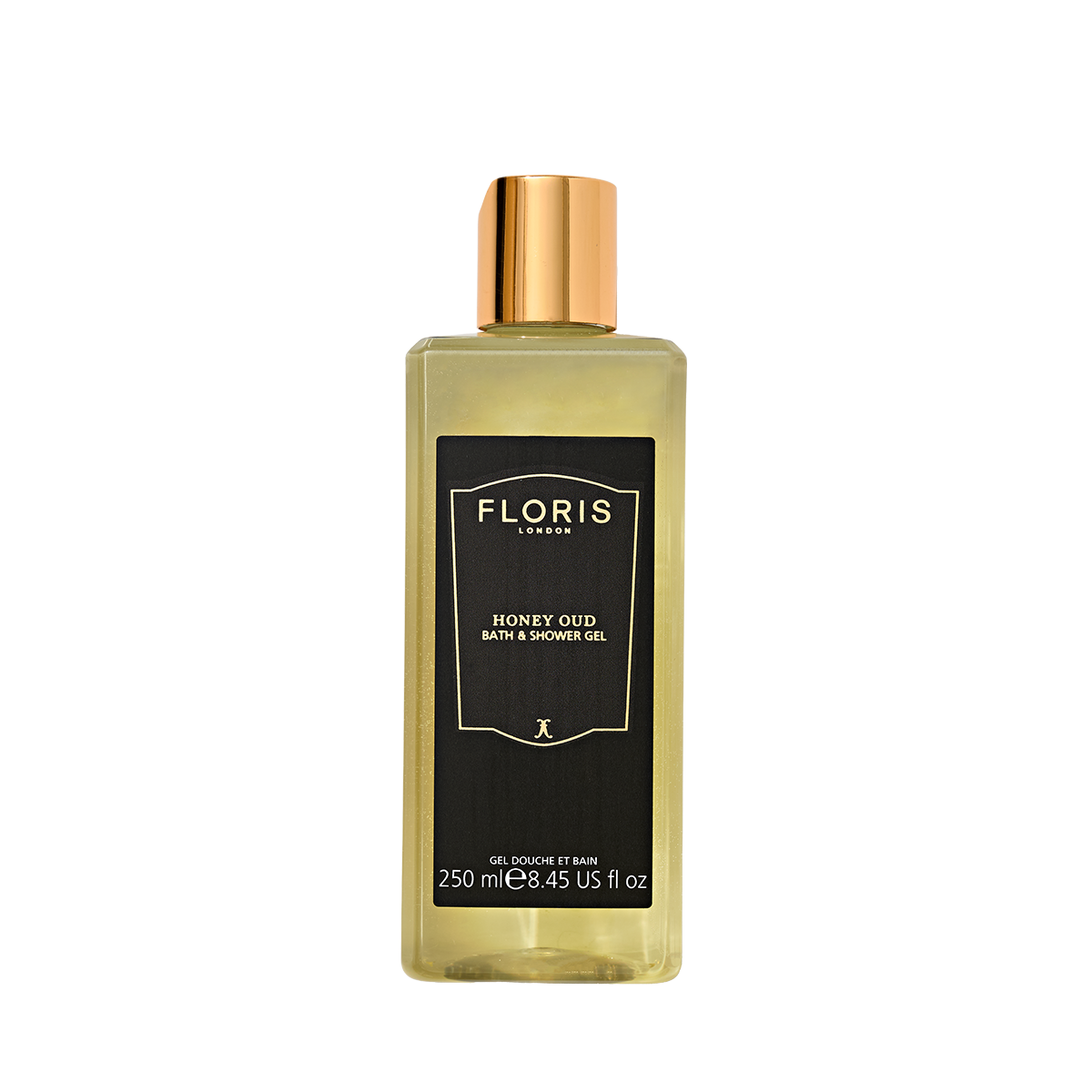 Floris London Honey Oud Bath & Shower Gel 250ml: a clear bottle with black label, gold cap, and an English honey fragrance.