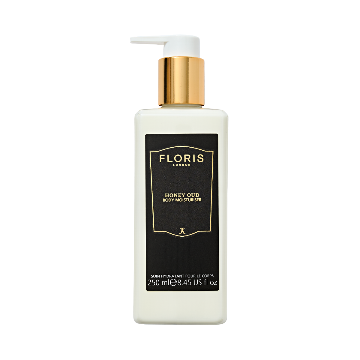 Floris London Honey Oud - Body Moisturiser 250ml, with a gold pump and black label, enriched with English honey and oud oil.
