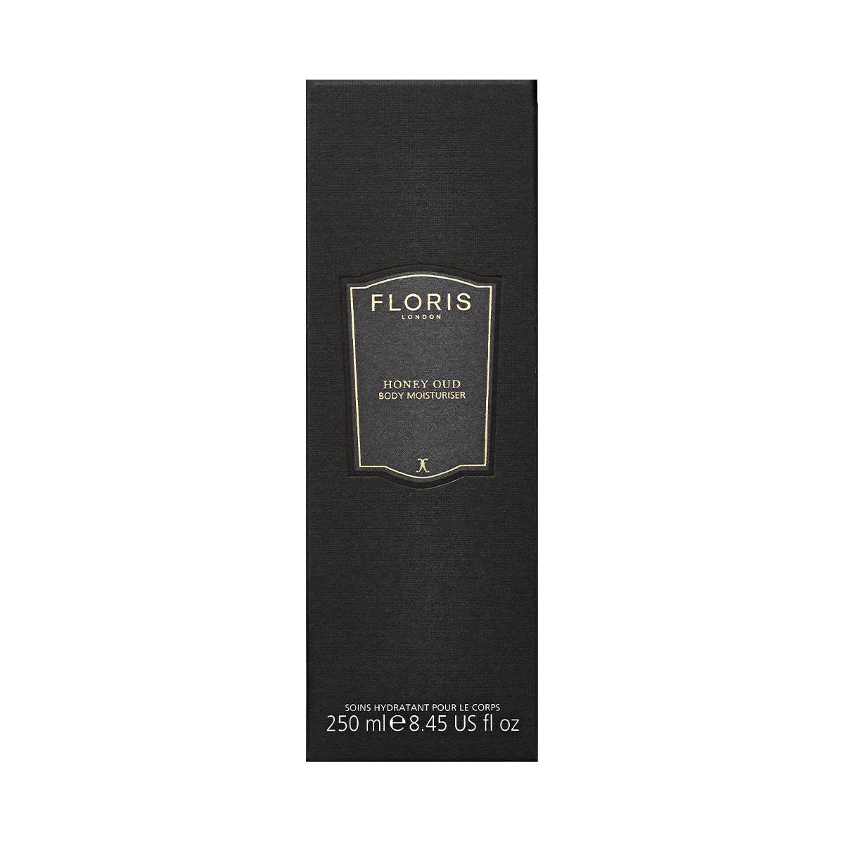 Floris London Honey Oud - Body Moisturiser 250ml in a black box with gold and white text; a luxury blend of oud oil and English honey.