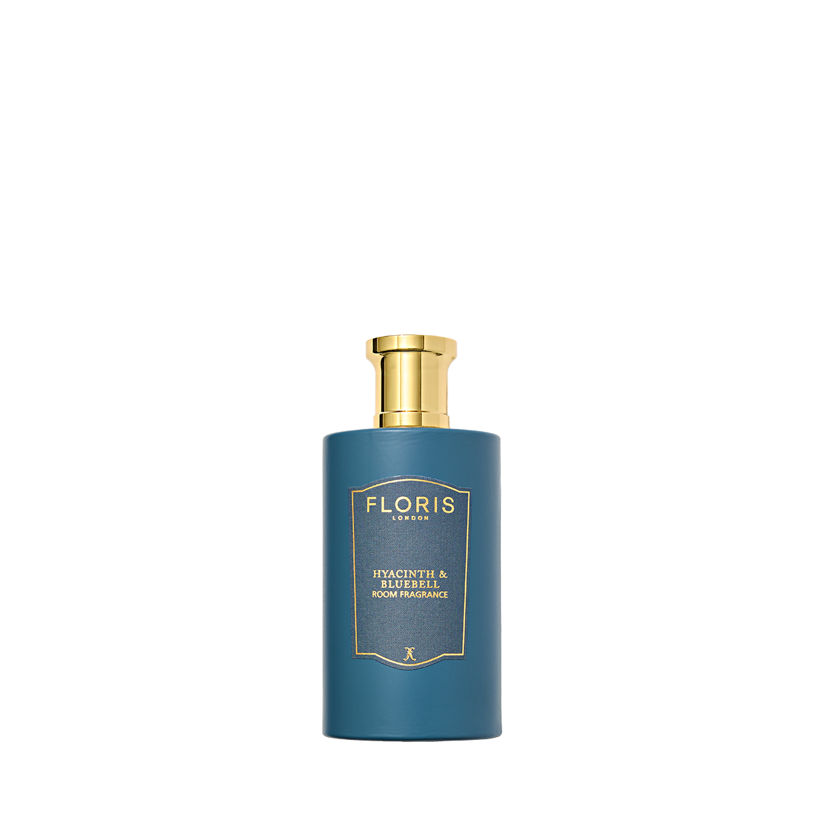 A blue Floris London bottle with a gold cap labeled "Hyacinth & Bluebell"—a green floral room fragrance inspired by fresh spring flowers.