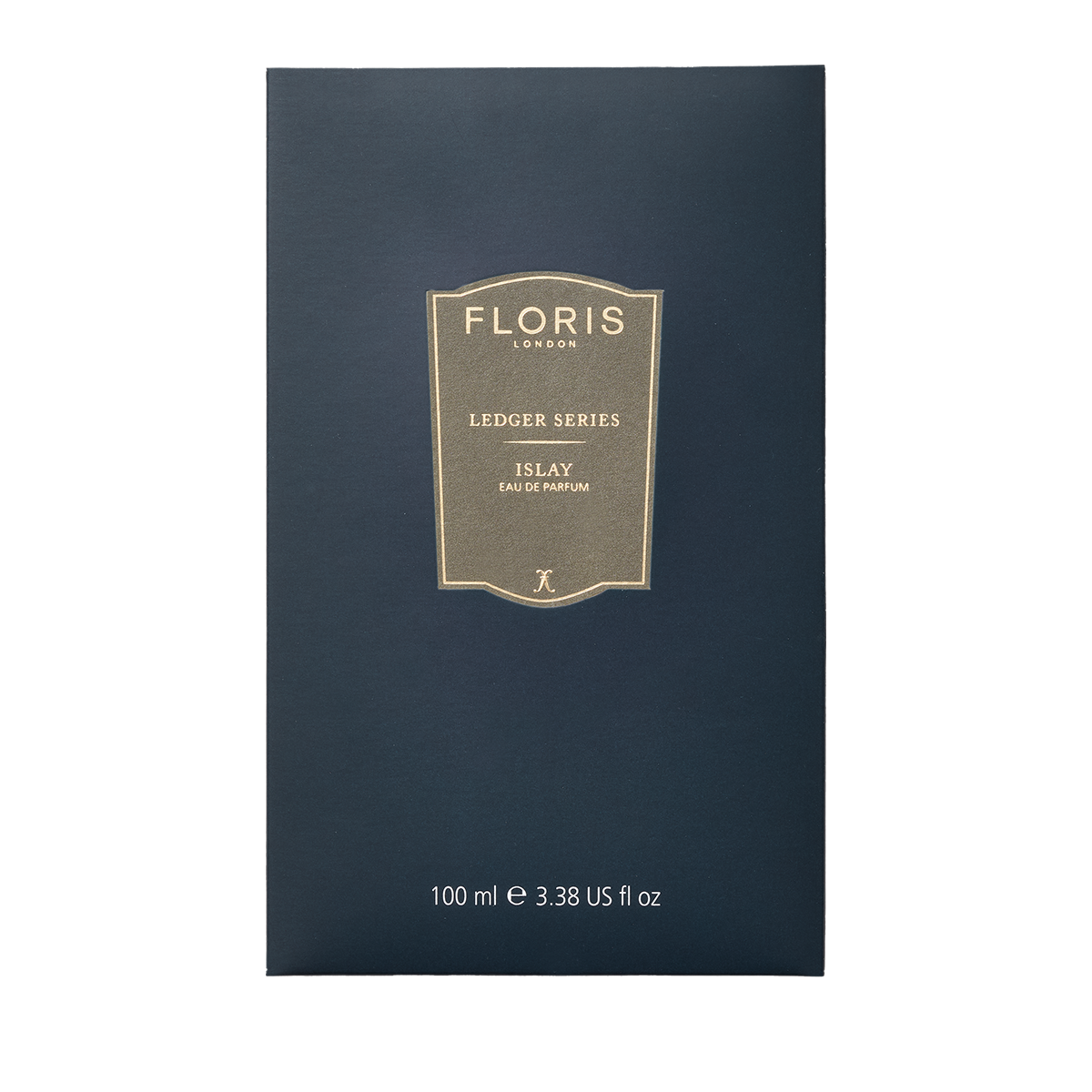 Dark blue Floris London Islay Eau de Parfum, 100ml, with gold label—Ledger Series fragrance inspired by Islay whisky’s peaty smoky scent.