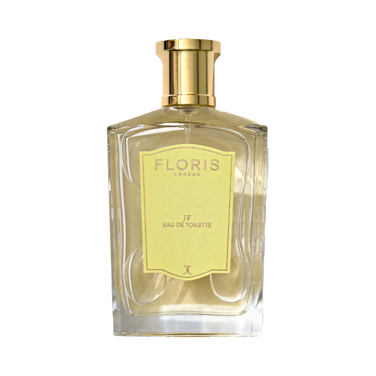 A clear glass bottle of Floris London JF - Eau de Toilette, a men’s citrus woody scent, featuring a gold cap and yellow label.