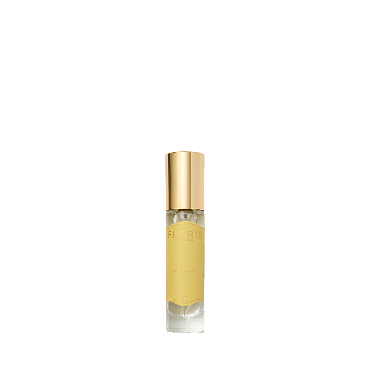 Floris London JF - Eau de Toilette is a clear glass bottle with gold cap and light yellow liquid, offering a citrus woody signature scent for men.