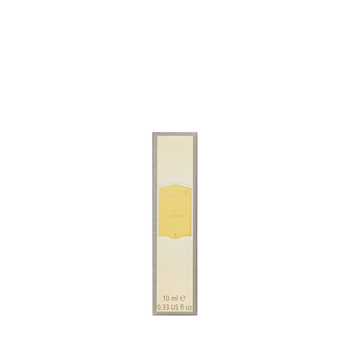 A small rectangular Floris London "JF - Eau de Toilette" 10ml box in yellow and cream—a perfect signature citrus woody scent for men.