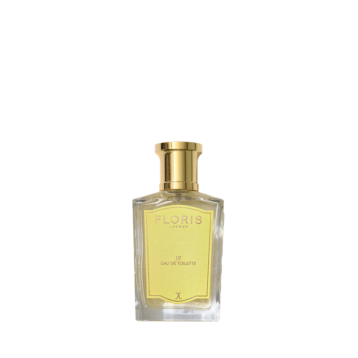 A clear glass bottle of Floris London JF Eau de Toilette with a gold cap and yellow label, featuring a citrus woody scent on a white background.