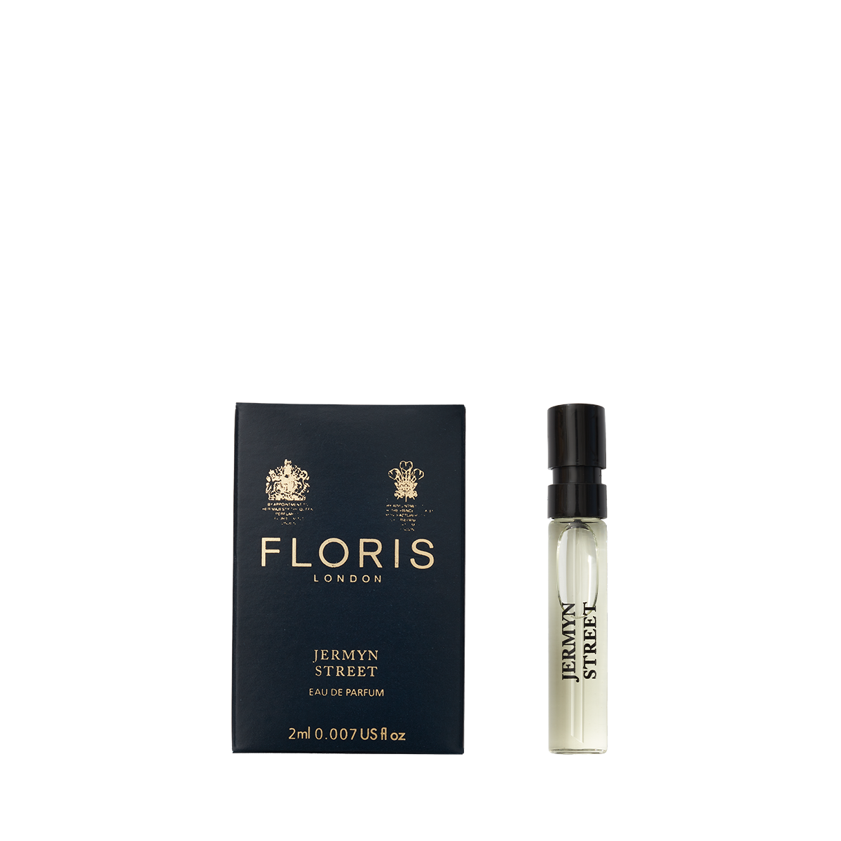 A Floris London Jermyn Street - Eau de Parfum vegan sample vial shown next to its dark blue box with gold text and logos.
