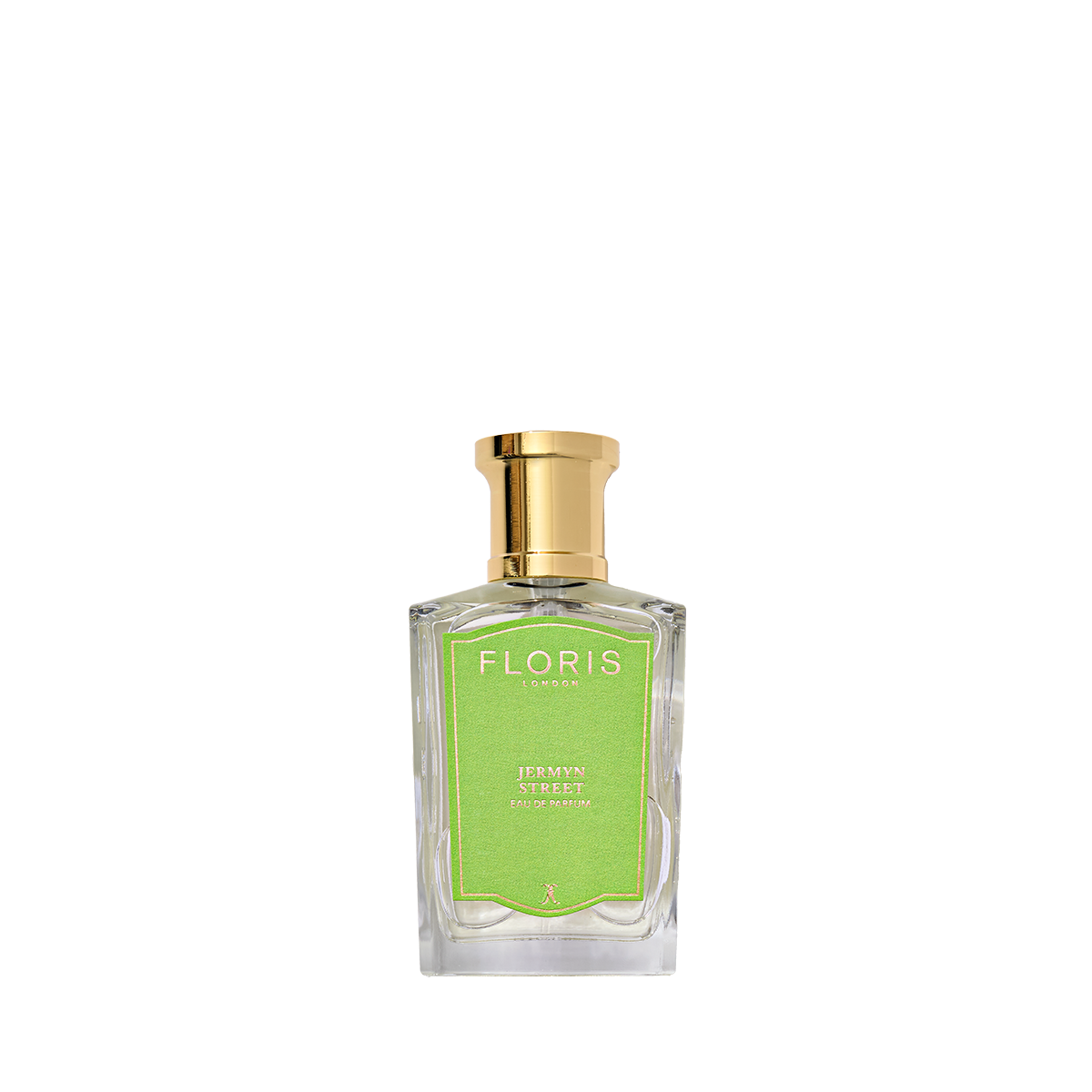 A bottle of Floris London Jermyn Street - Eau de Parfum with a gold cap and green label, featuring a refined vegan gin-inspired fragrance.