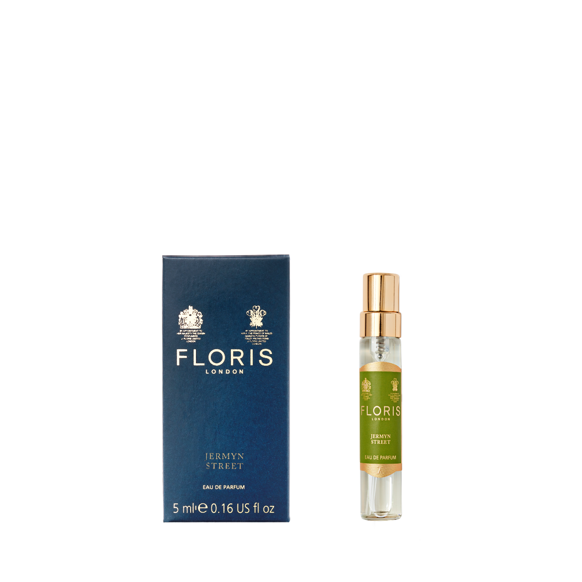 A blue Floris London box is next to a "Jermyn Street" Eau de Parfum 5ml, featuring vetiver notes in this refined vegan fragrance.