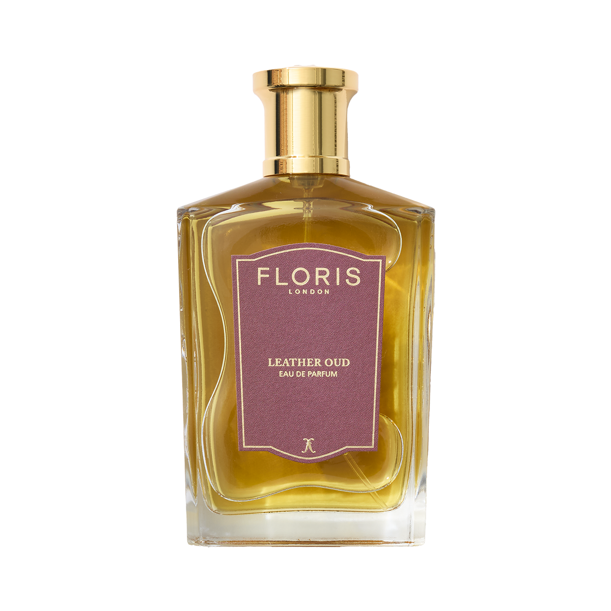 A bottle of Floris London Leather Oud - Eau de Parfum features a gold cap, purple label, and rich oud oil notes.