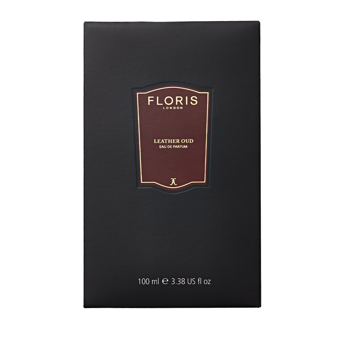 Black box of Floris London Leather Oud - Eau de Parfum, 100 ml, featuring a brown and gold central label, crafted with rich oud oil.