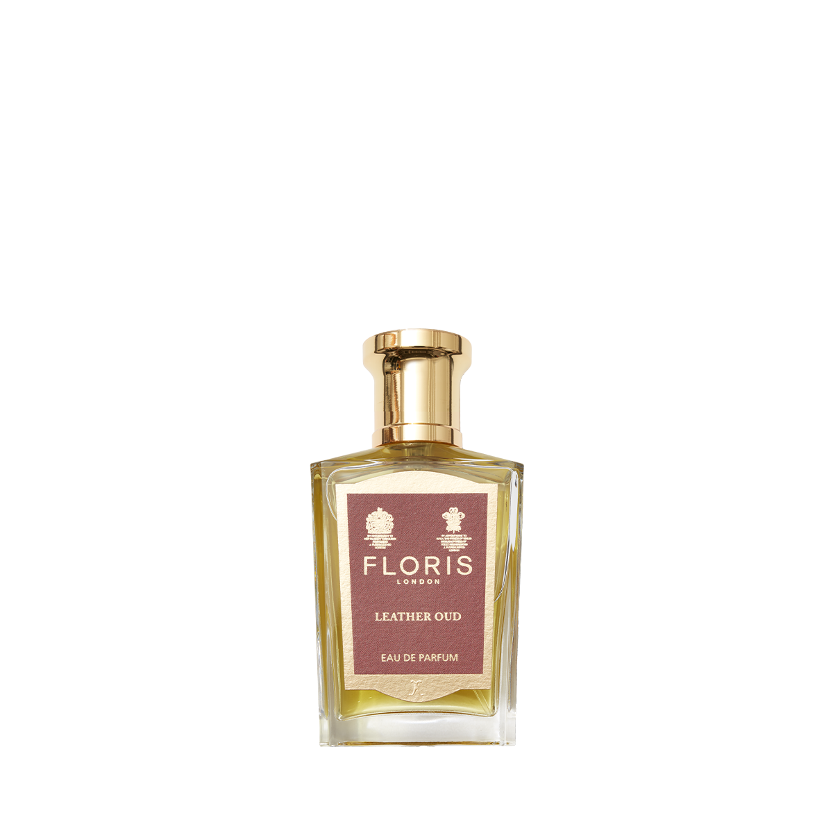 A bottle of Floris London Leather Oud - Eau de Parfum, with a gold cap and brown label, is shown on a white background.