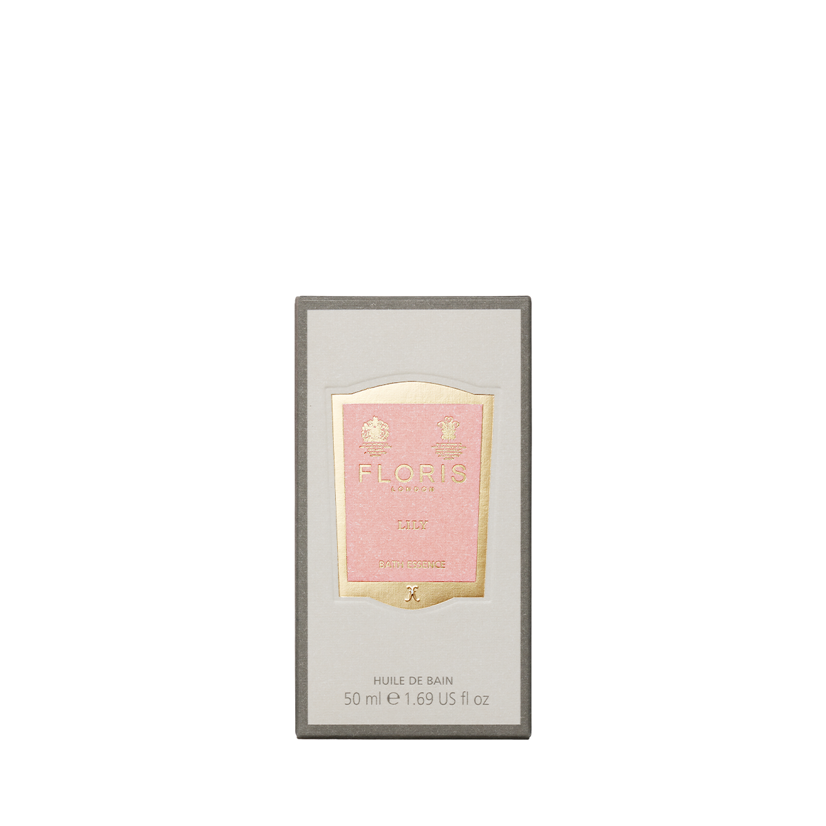 A 50 ml bottle of Floris London Lily Bath Essence, with a pink and gold label and a delicate floral green scent.