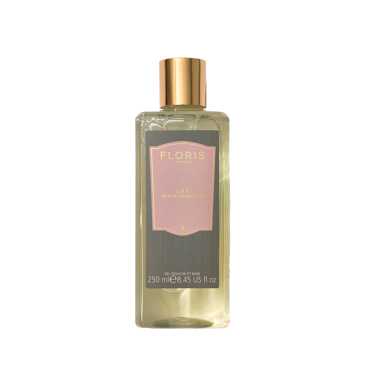 Floris London Lily - Moisturising Bath & Shower Gel, 250ml, in a clear bottle with gold cap and pink label, features a fresh lily fragrance.