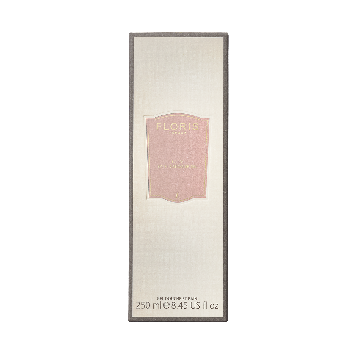 Floris London Lily Moisturising Bath & Shower Gel, 250ml, features a delicate lily scent for your daily ritual in a cream box with pink label.