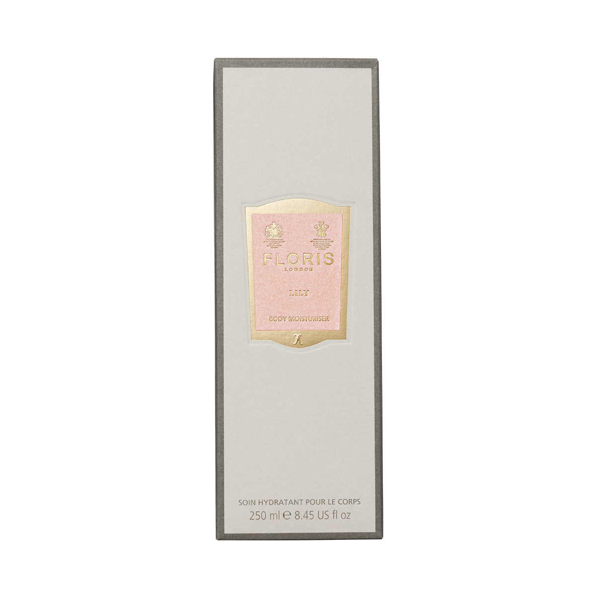 Beige and gold Floris London Lily - Enriched Body Moisturiser, 250ml box, featuring an elegant label and a fresh floral fragrance.
