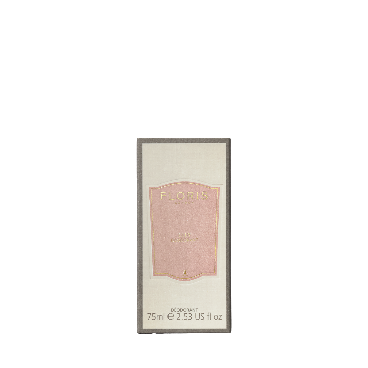 A 75ml stick of Floris London Lily Deodorant, aluminium-free with a pale pink and gold label. Ideal for sensitive skin.