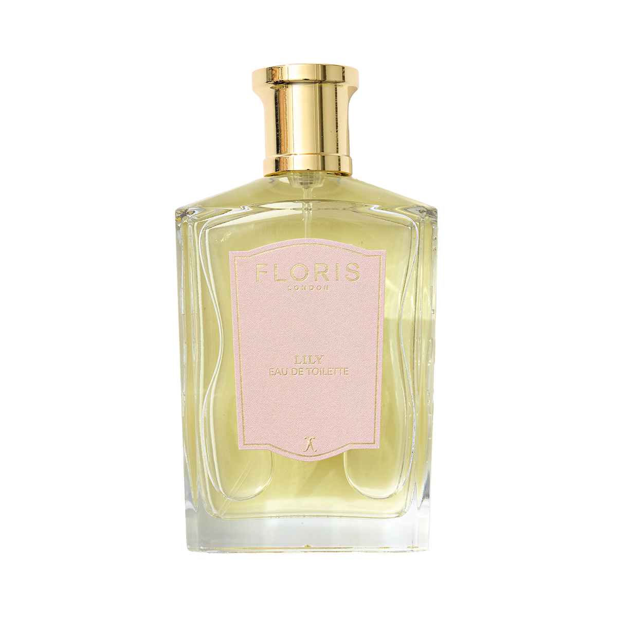 A Floris London Lily - Eau de Toilette bottle with a gold cap, pale pink label, and a delicate Lily of the Valley scent.