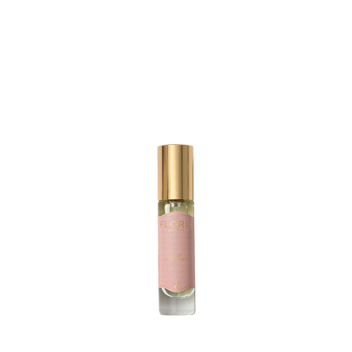 A small Floris London Lily - Eau de Toilette bottle with a pink label and gold cap, featuring a Lily of the Valley scent, on a plain white background.