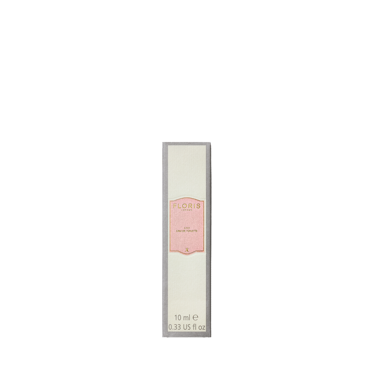 A Floris London Lily - Eau de Toilette box, labeled 10 ml (0.33 US fl oz), stands upright on a white background, showcasing its floral scent.