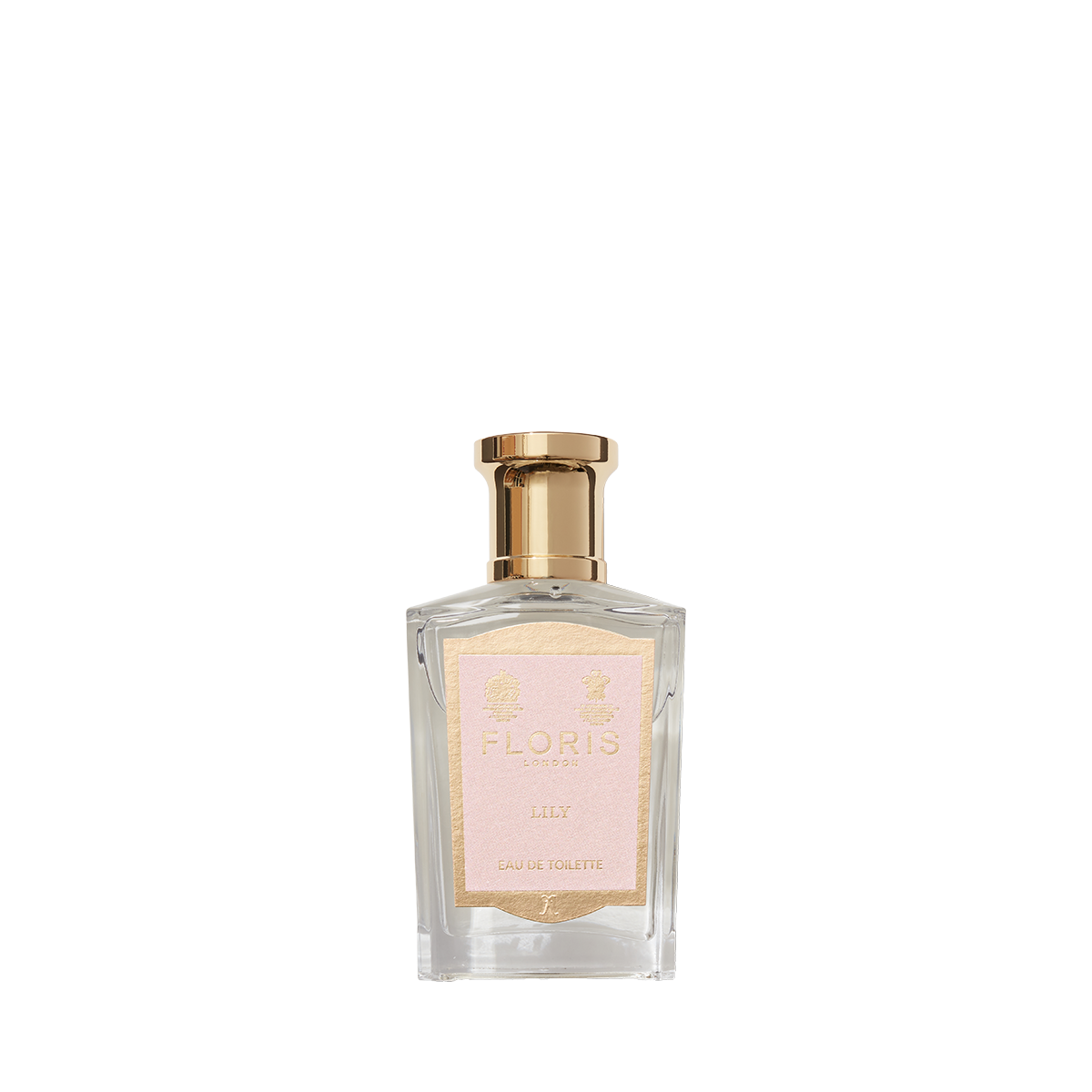Floris London Lily - Eau de Toilette features a gold cap, pale pink label, and a floral scent highlighted by notes of Lily of the Valley.