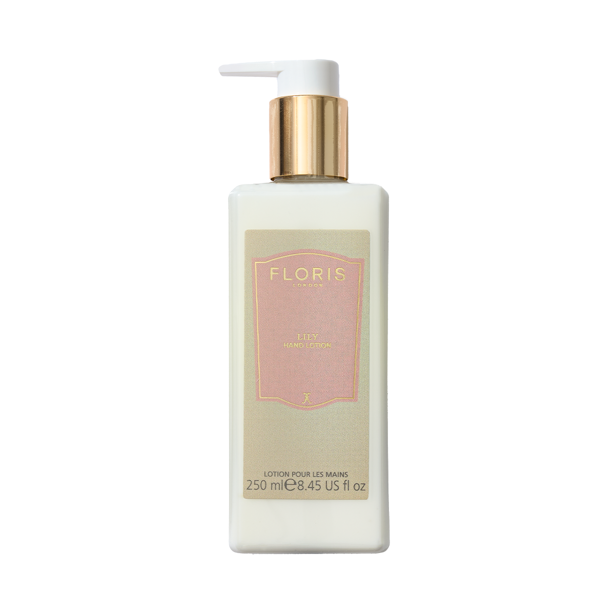Floris London Lily Luxury Hand Lotion, 250ml, with gold pump and pink-gold label, leaves hands soft and delicately scented with an uplifting aroma.