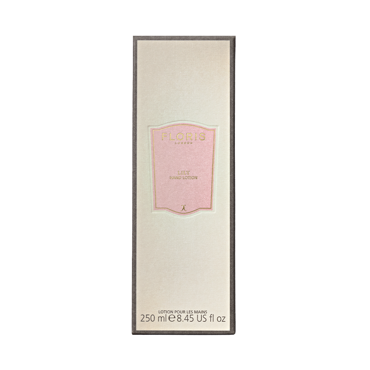 Floris London's Lily Luxury Hand Lotion, 250ml, comes in a rectangular box with a pink label and gold lettering, enriched with sweet almond oil and vitamin E.