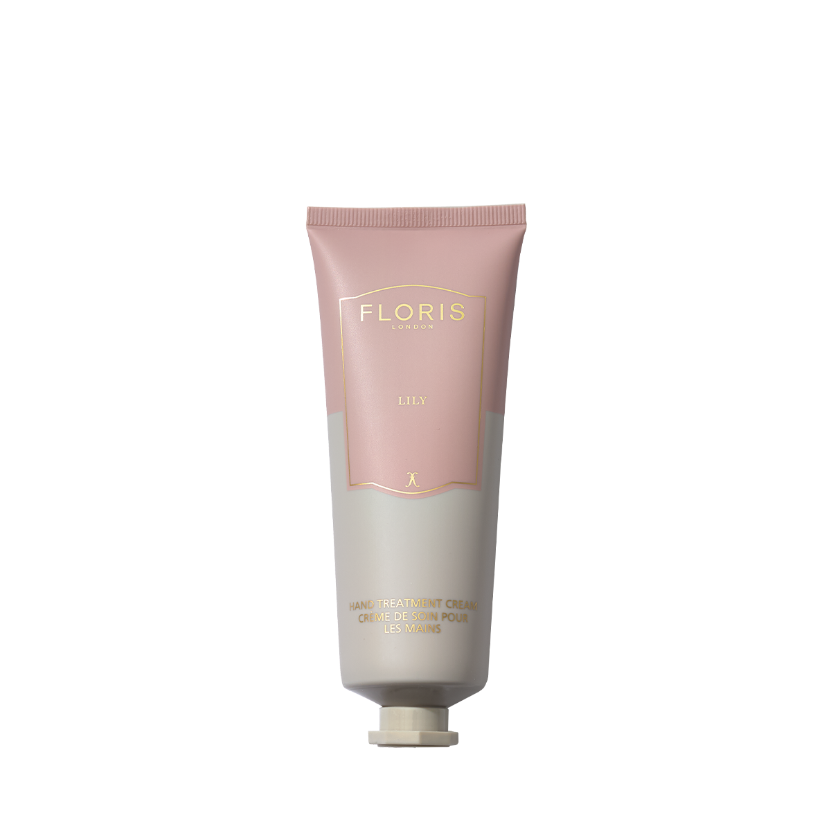 A pink and beige tube of Floris London Lily - Hand Treatment Cream with a floral scent, displayed against a white background.