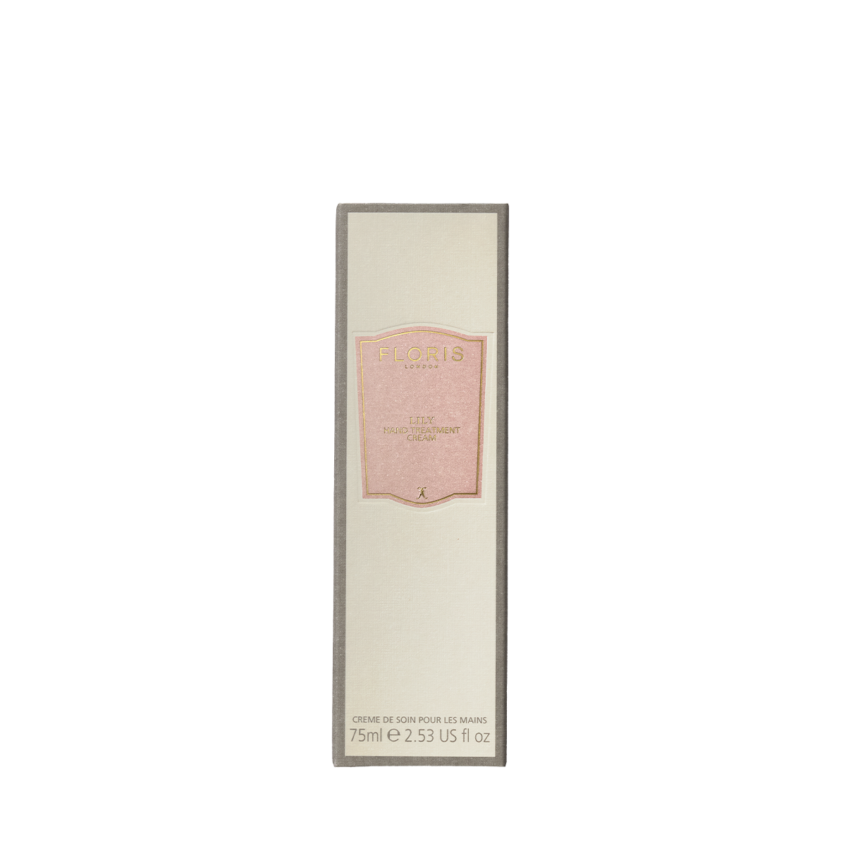 Rectangular box features a pink label with "Floris London" and "Lily - Hand Treatment Cream 75ml." This luxury hand cream includes Lily of the Valley.