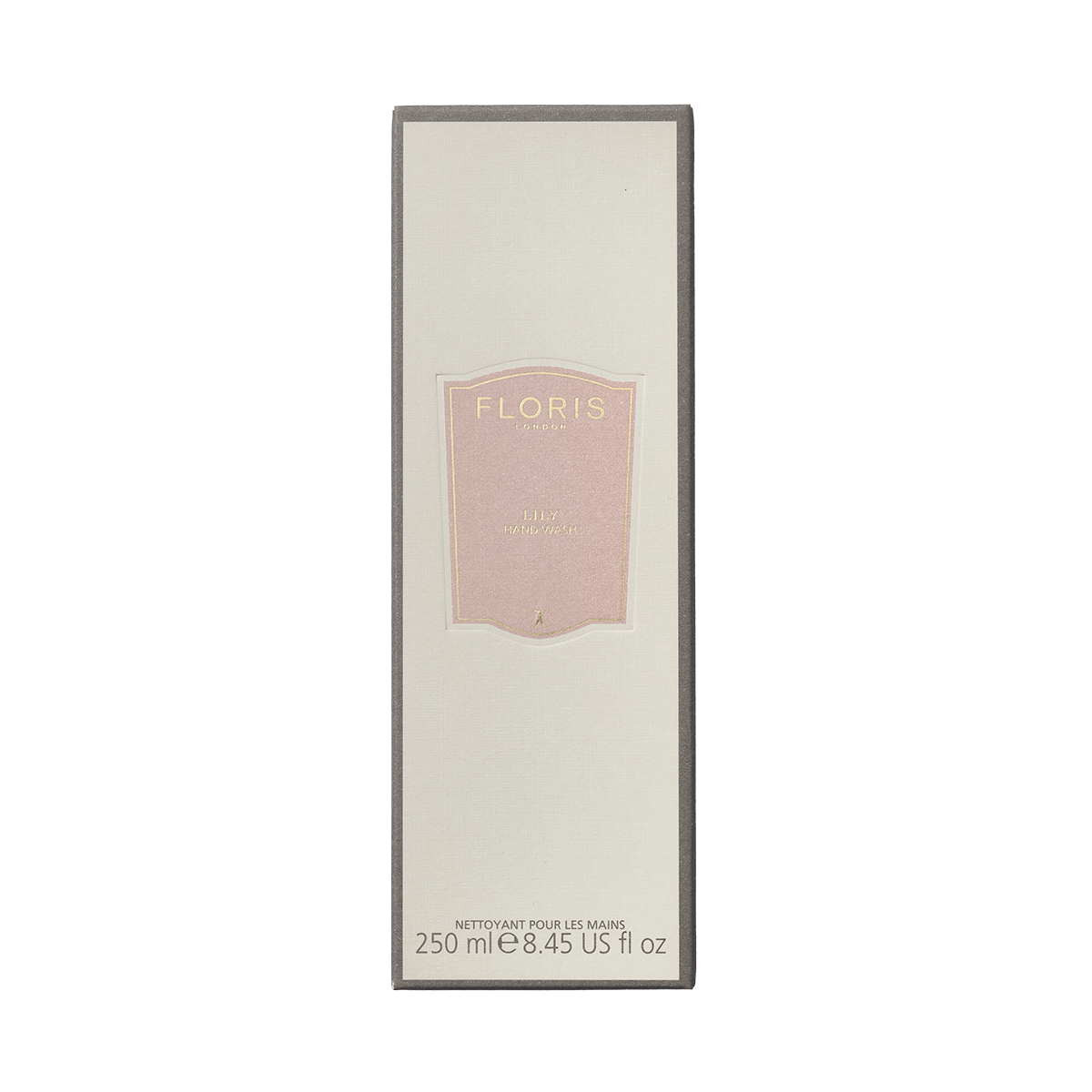 Floris London Lily Luxury Hand Wash, 250 ml box, beige with pink label, English and French text; features an uplifting floral fragrance.