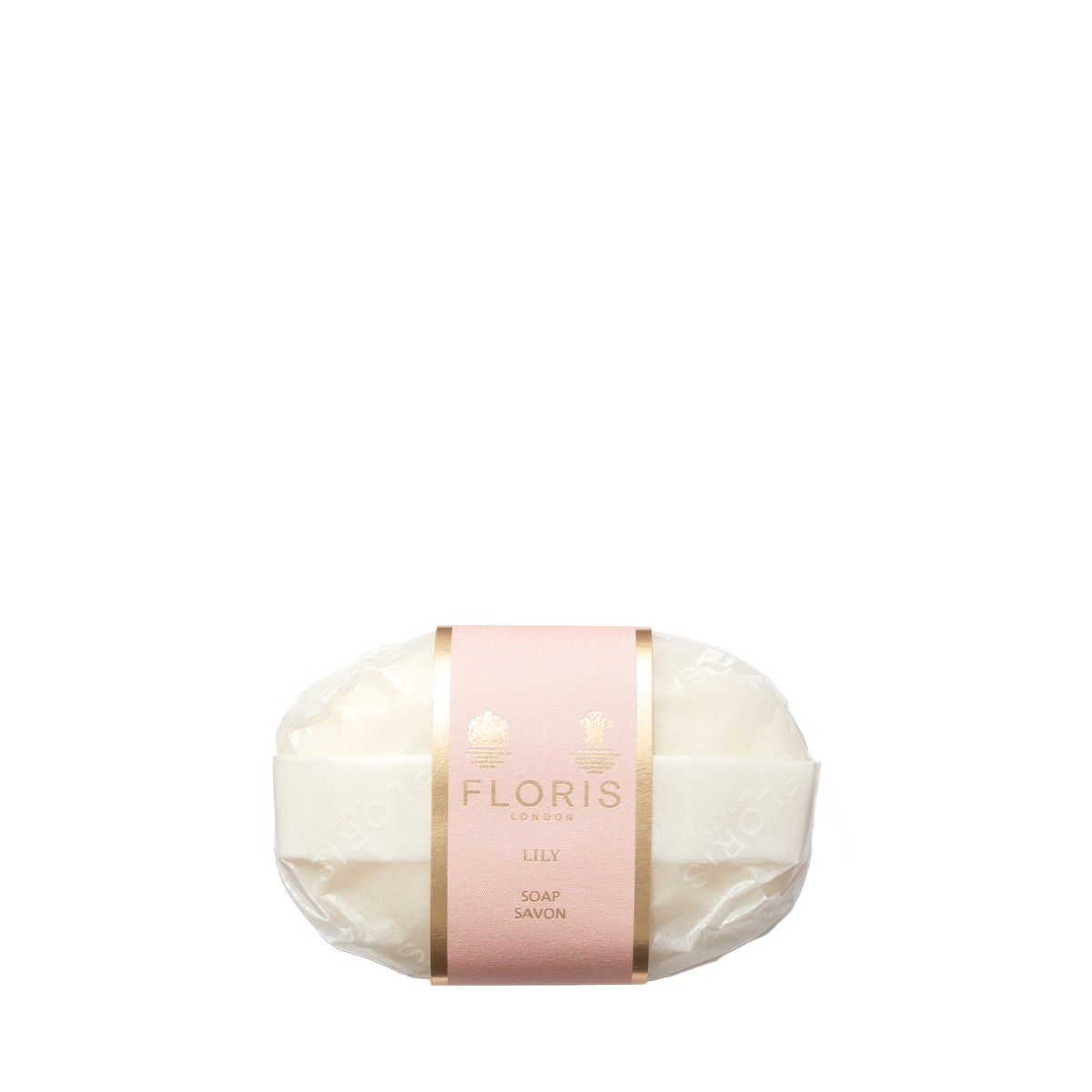 A wrapped Floris London Lily - Luxury Soap bar, with a pink and gold label and nourishing vegetable base, shown on a white background.